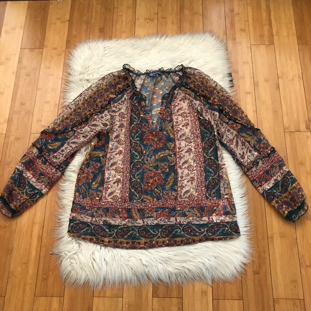 Democracy Boho Sheer Metallic Sparkled Ruffle Puff Sleeves Multicolor Blouse M